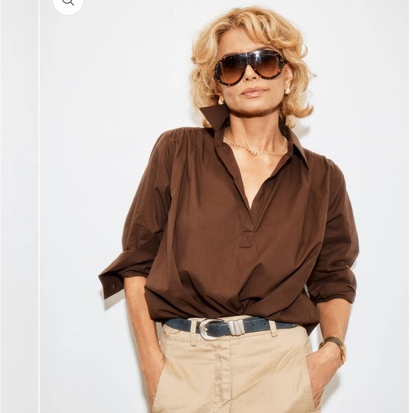 A Shirt Thing Tops - A Shirt Thing "Celeste" Cabo Chocolate Cotton Long Sleeve Popover Blouse Top